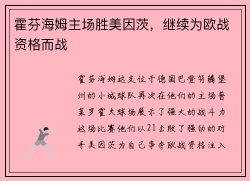 霍芬海姆主场胜美因茨，继续为欧战资格而战