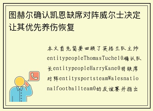 图赫尔确认凯恩缺席对阵威尔士决定让其优先养伤恢复